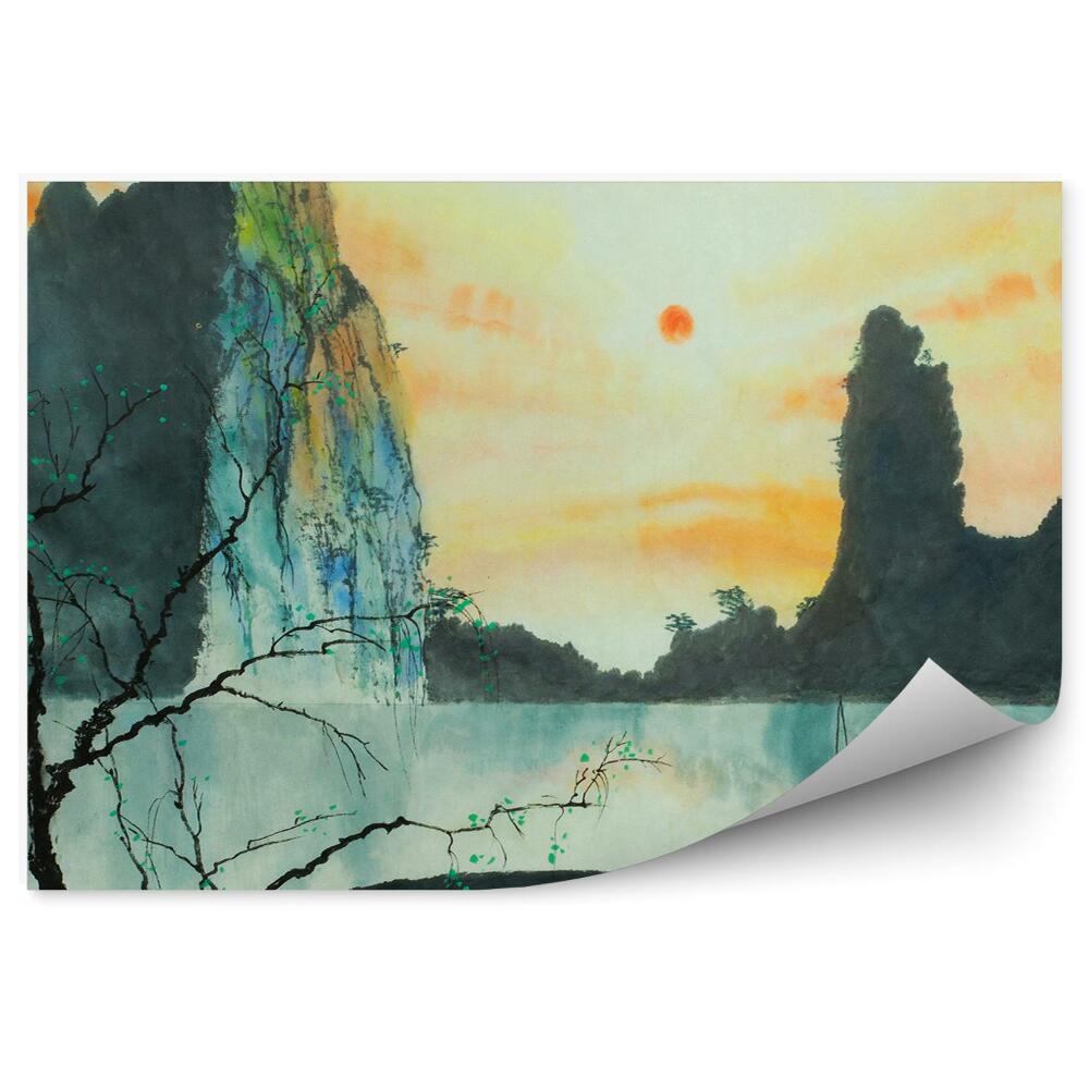 Okleina ścienna Chińskie góry zachód słońca mgła drzewo łódź obraz