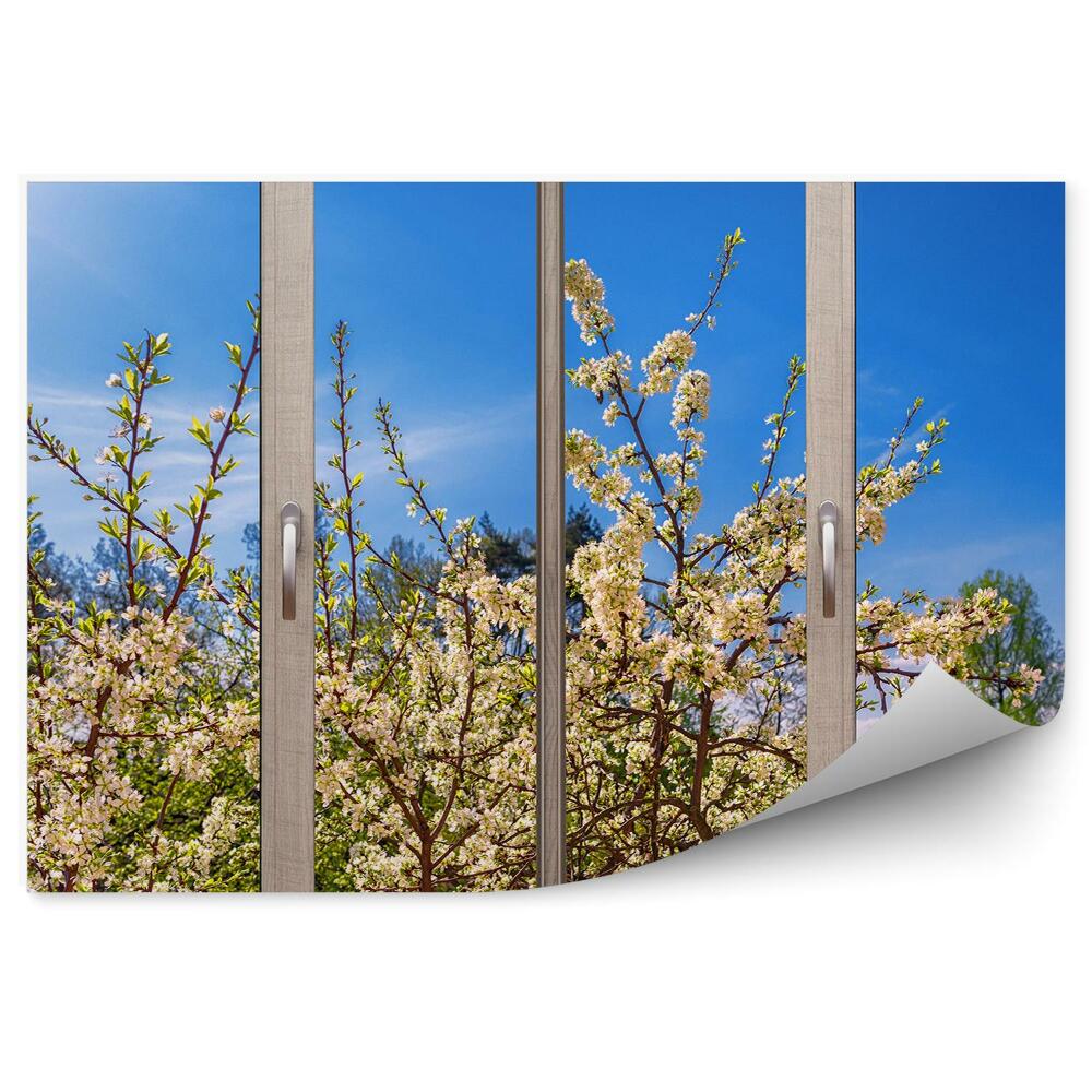 Fototapeta na ścianę Widok zza okna na kwitnące drzewo kwiaty