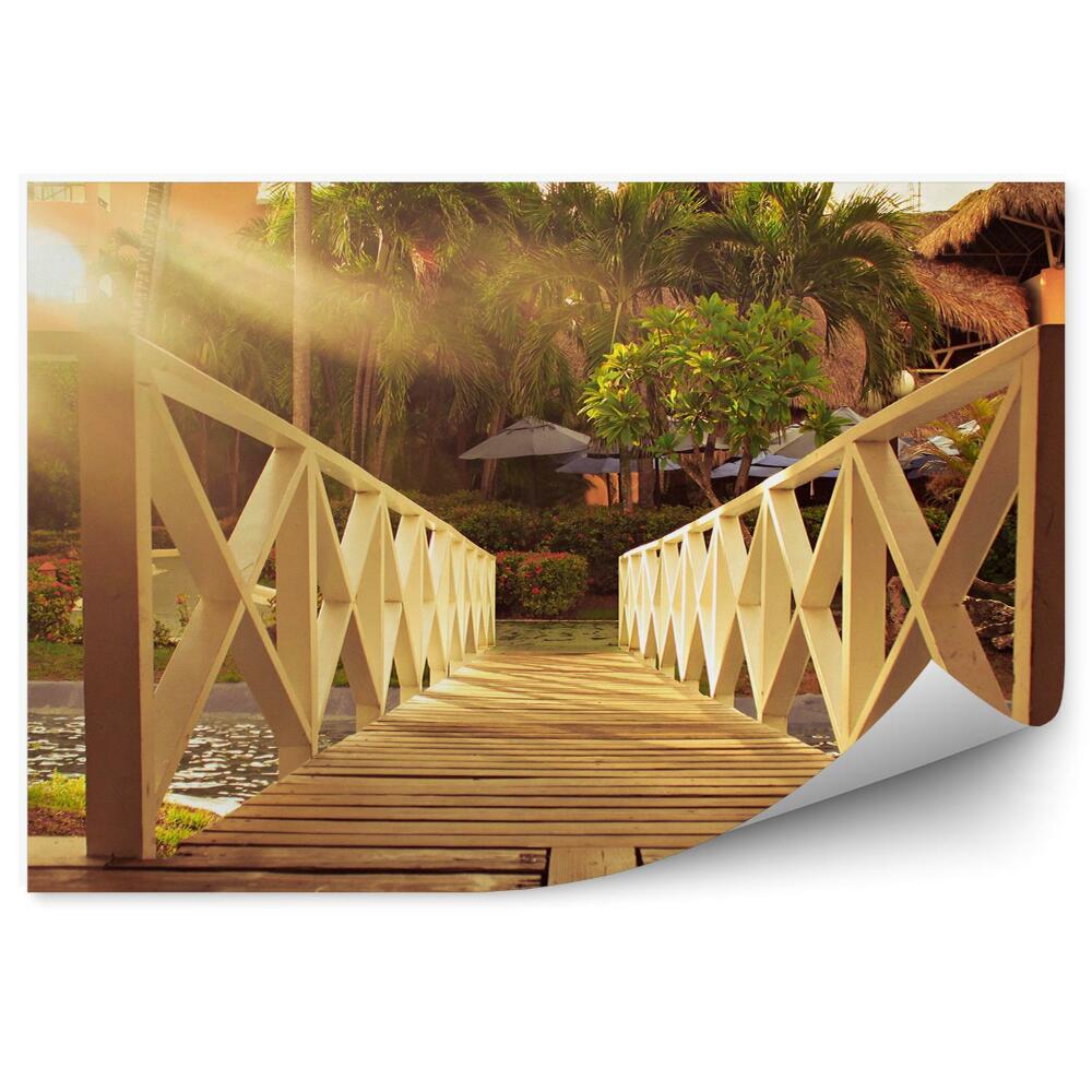 Okleina ścienna Drewniany most rzeka drzewa krzaki kwiaty domy palmy ławka