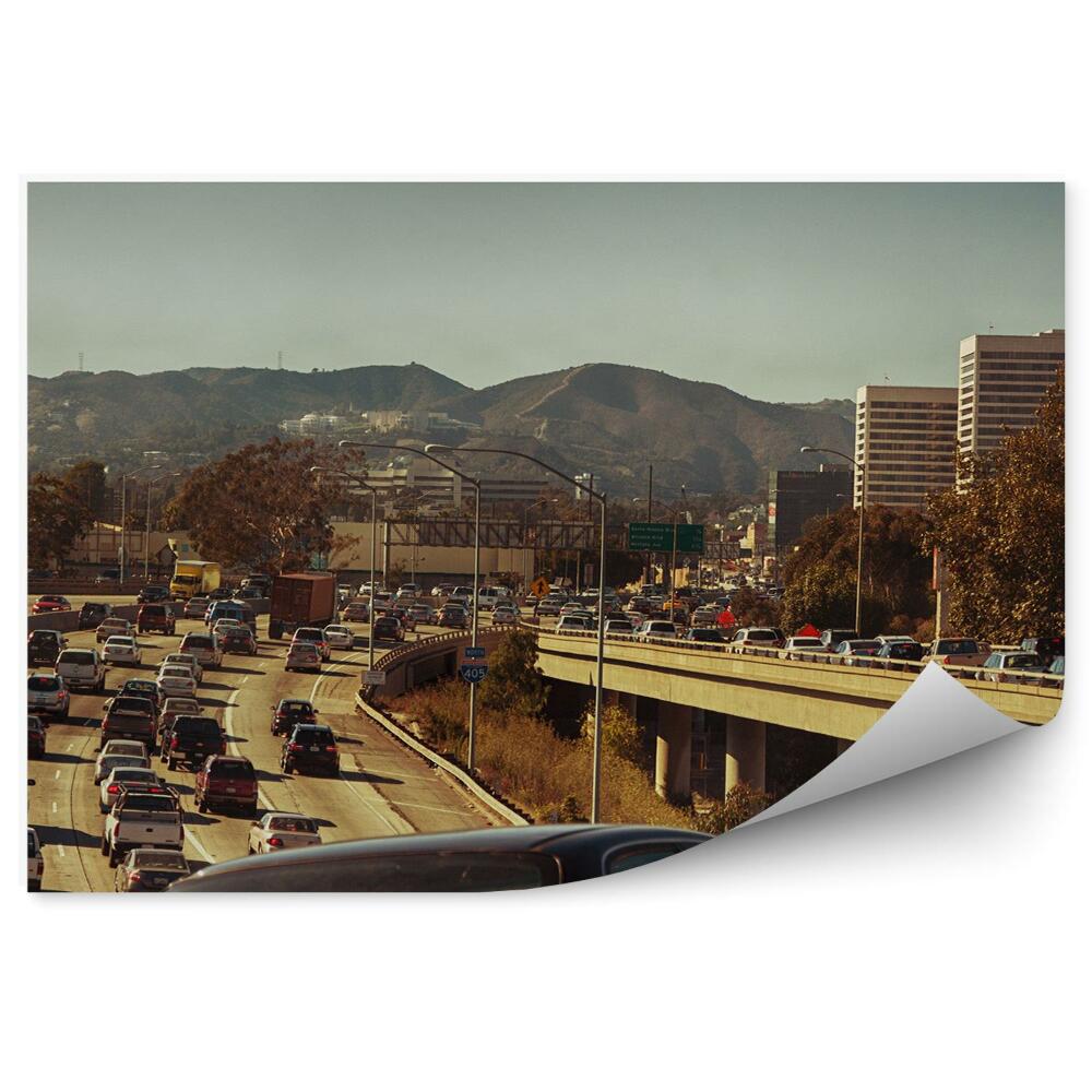 Fototapeta góry wieżowce autostrada samochody Los Angeles