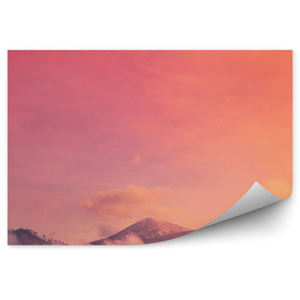 Okleina na ścianę Góry mgła drzewa chmury zachód słońca trawa