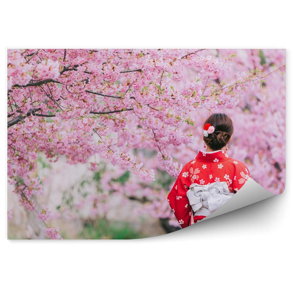 Fotopeta Kobieta kimono miasto natura drzewa kwitnące wiśnie