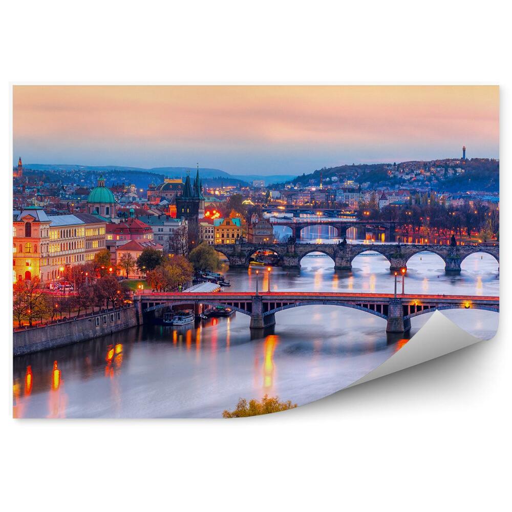 Okleina na ścianę mosty panorama miasta Praga noc światła zachód słońca