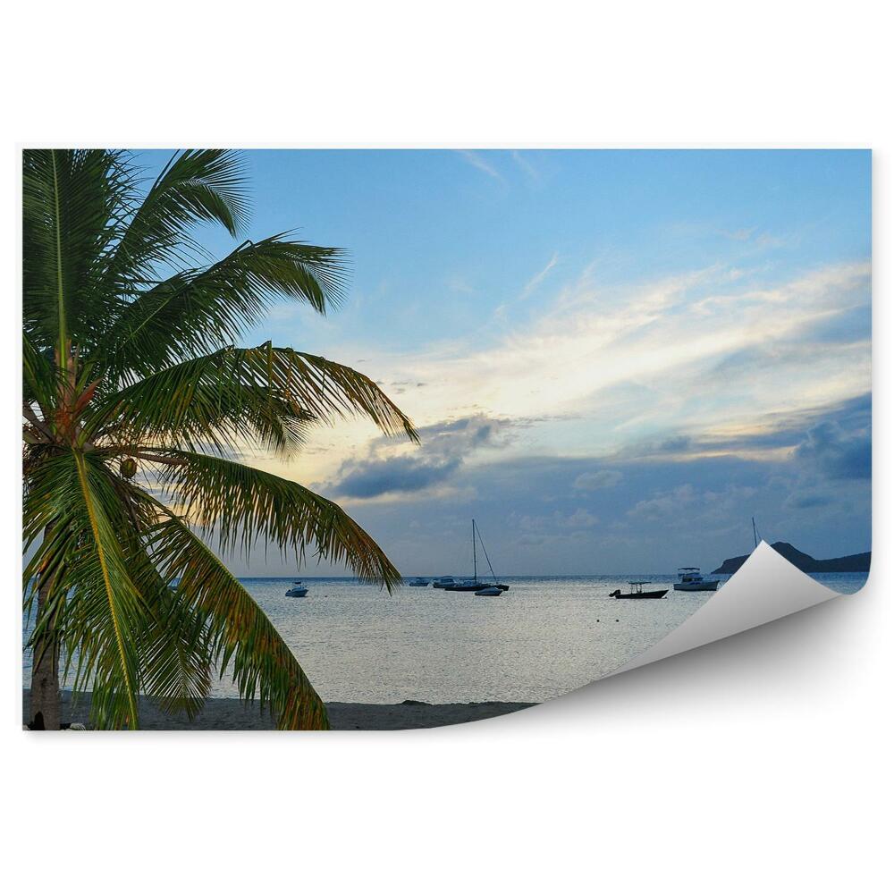 Fototapeta na ścianę plaża morze Karaibskie palmy leżak statki niebo chmury