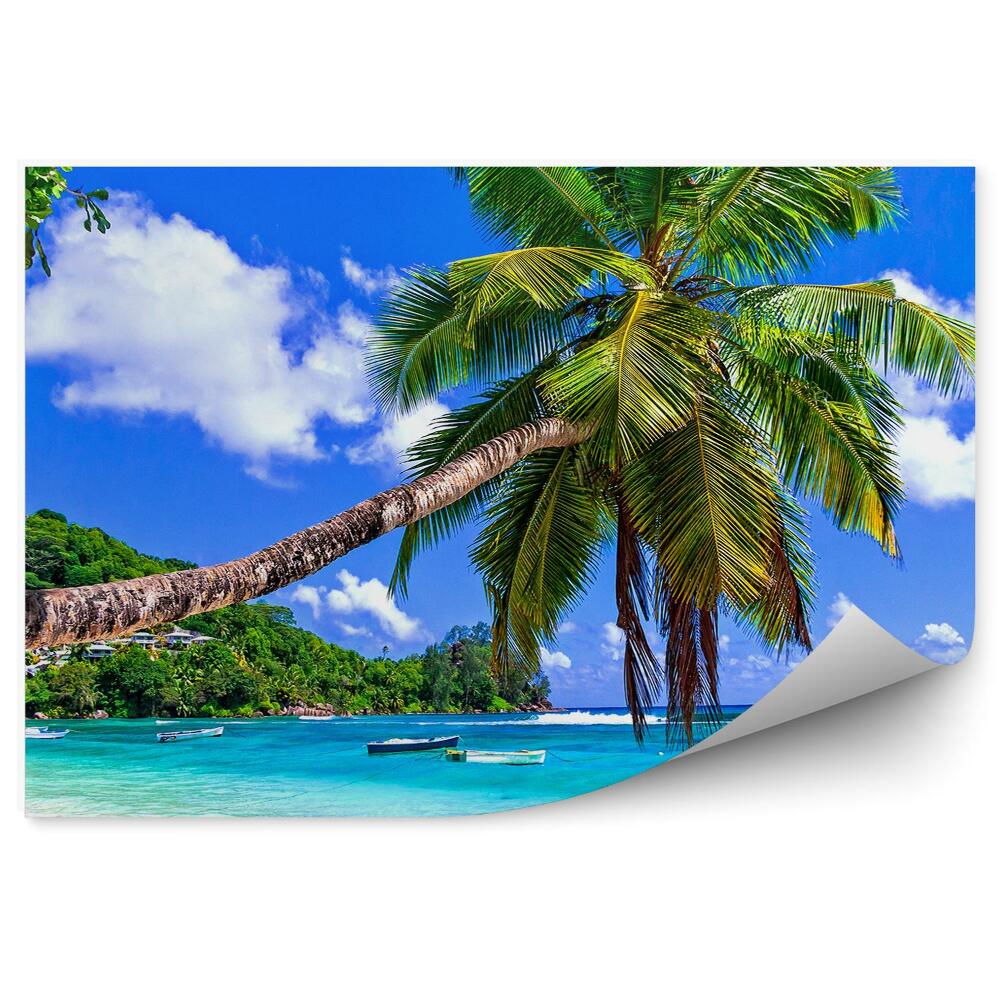 Okleina ścienna Niebo chmury tropikalna plaża łodzie góry domy drzewa palmy ocean morze