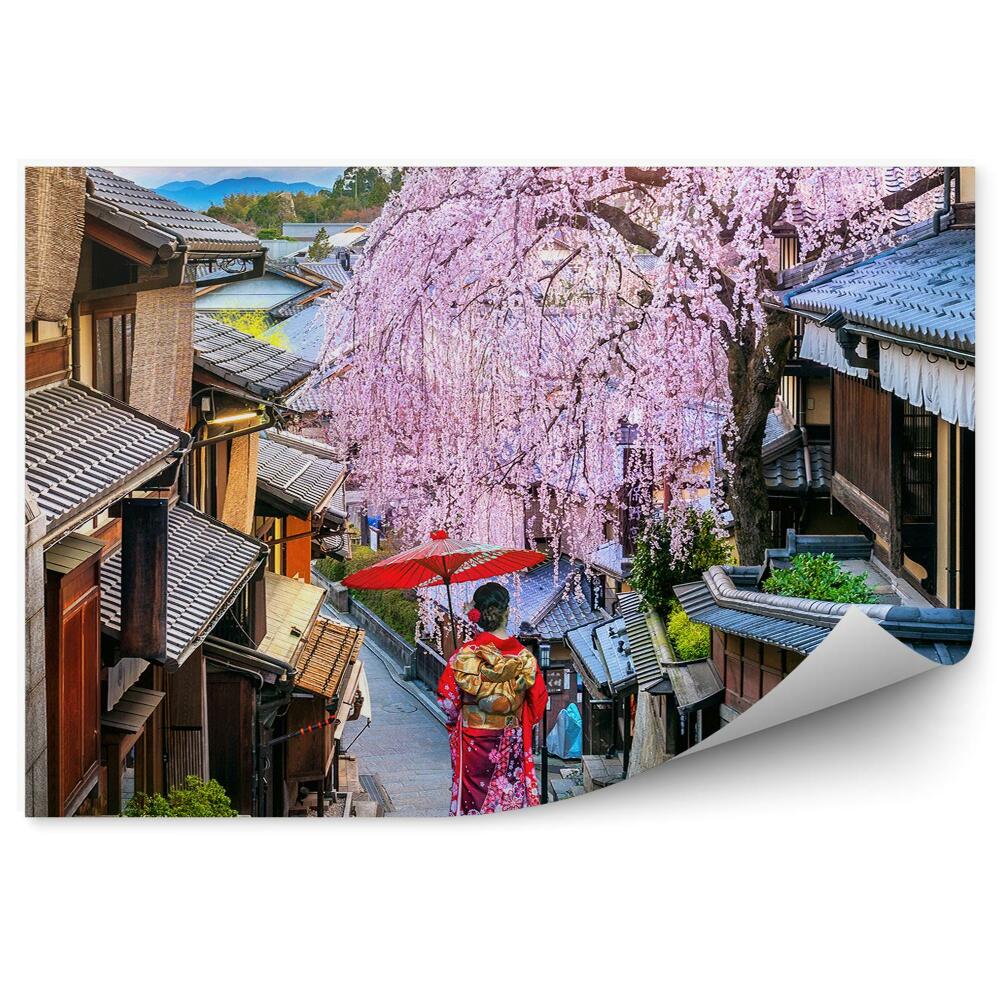 Fotopeta Kobieta miasto japonia kwitnąca wiśnia