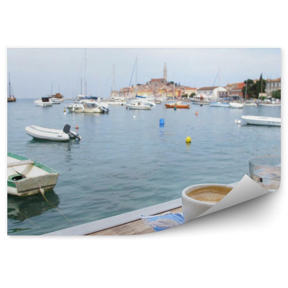 Okleina na ścianę Filiżanka kawy port łodzie jachty woda miasto