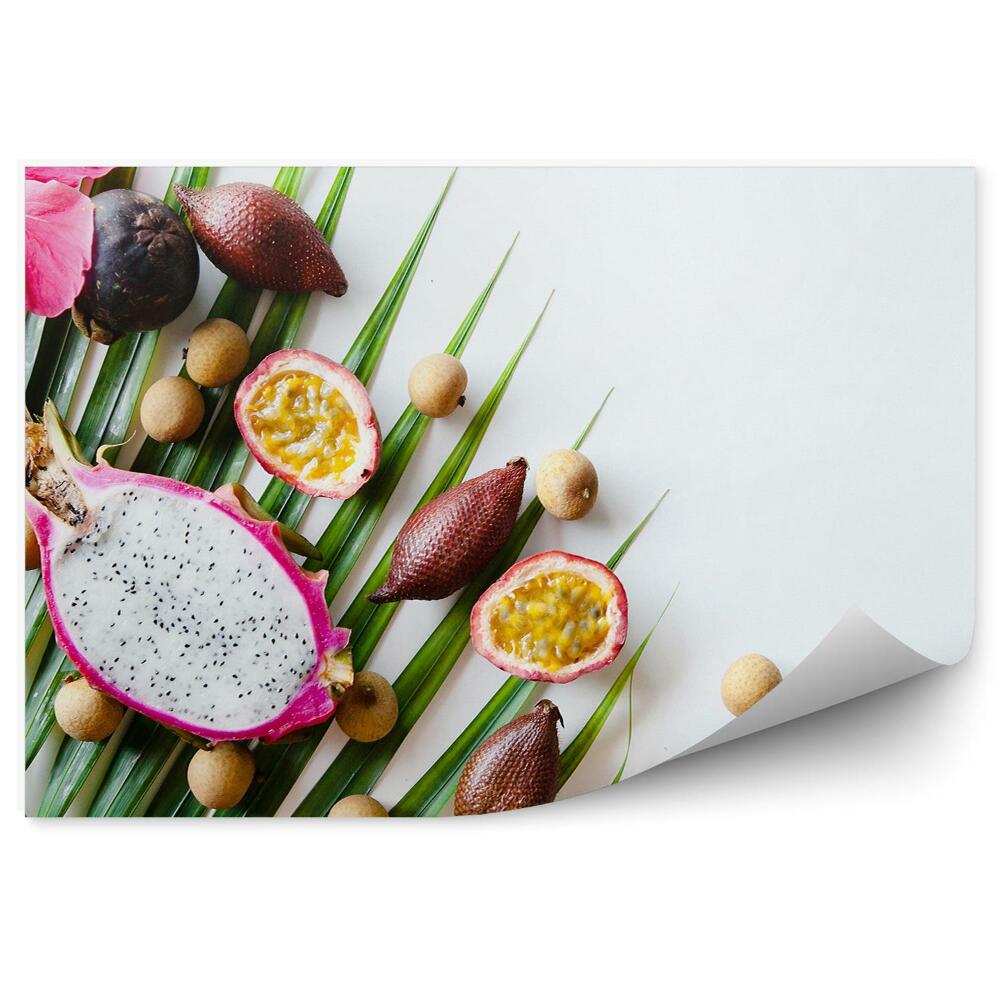 Fototapeta Liść palmy tropikalne owoce połówki kwiaty