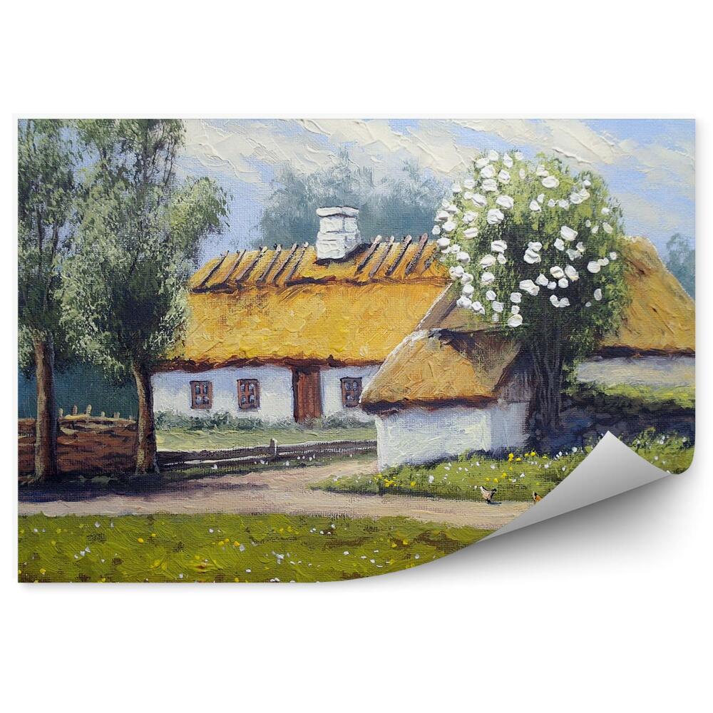 Okleina na ścianę chatka jezioro drzewa niebo ptaki kwity obraz Ukraina