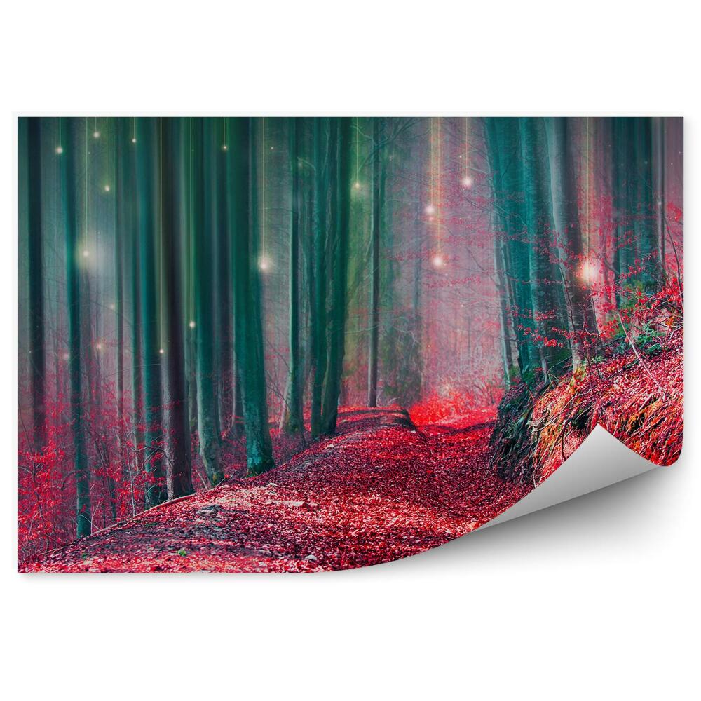 Fototapeta na ścianę Jesienny magiczny czerwony las światełka drzewa
