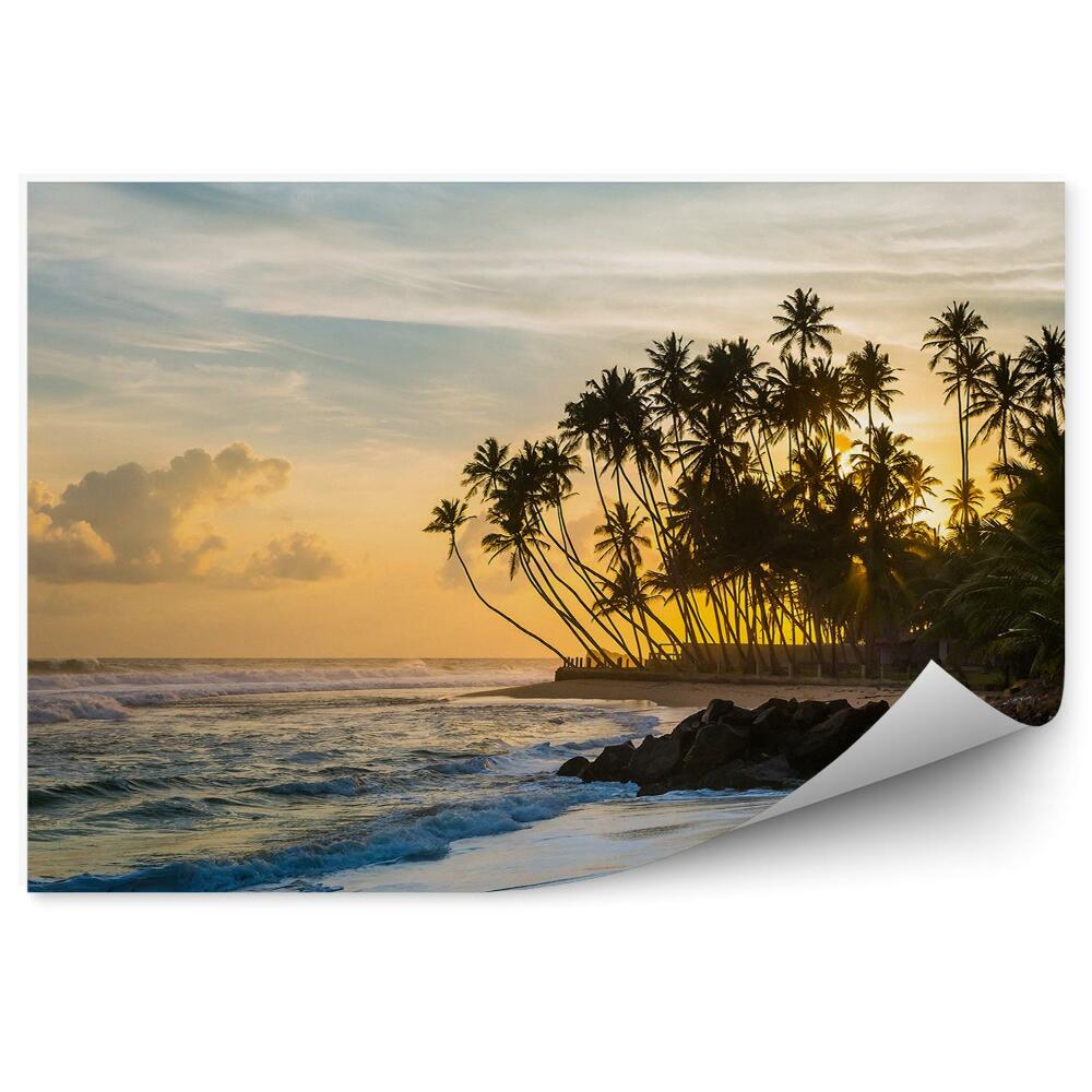Fototapeta Tropik zachód słońca ocean plaża palmy kamienie niebo chmury