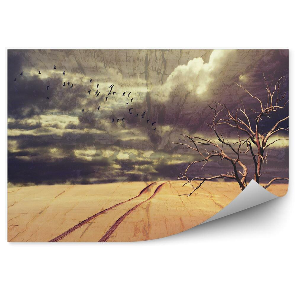 Okleina ścienna Pustynny krajobraz ptaki drzewa chmury pustynia