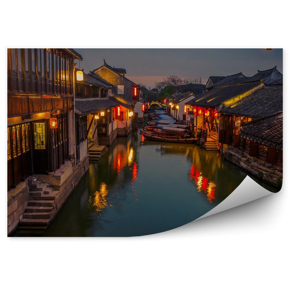 Okleina ścienna Chiny domy łodzie kanał światła noc