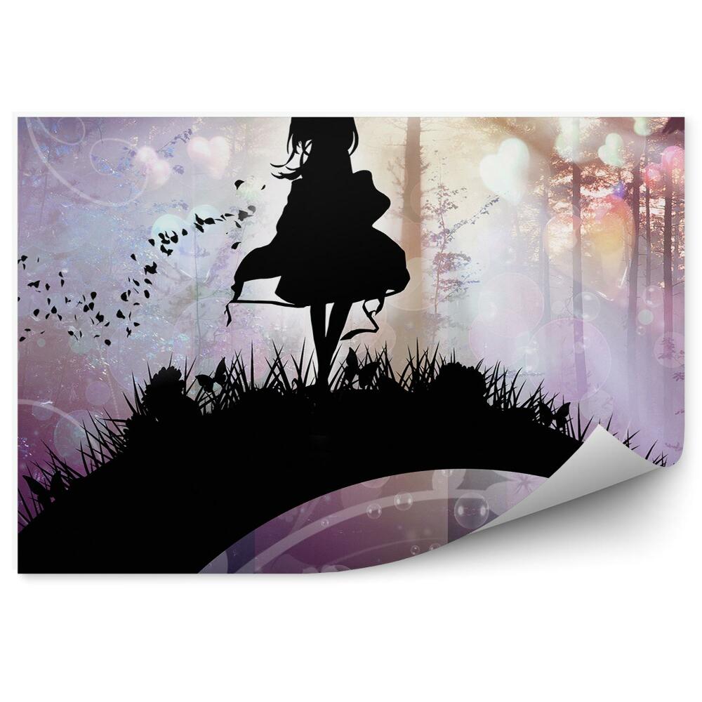 Okleina na ścianę Dziewczyna wstążki trawy drzewa motyle liście