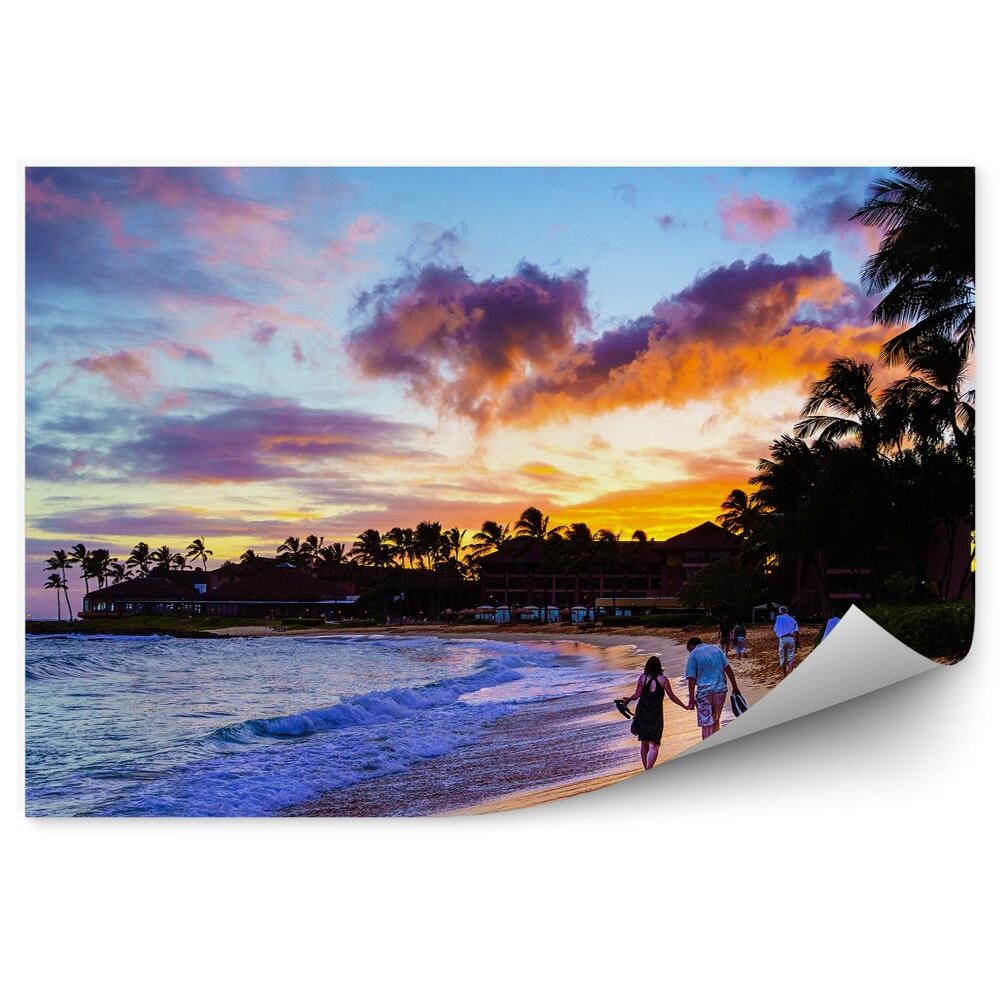 Fototapeta zachód słońca para ocean plaża palmy niebo chmury Hawaje