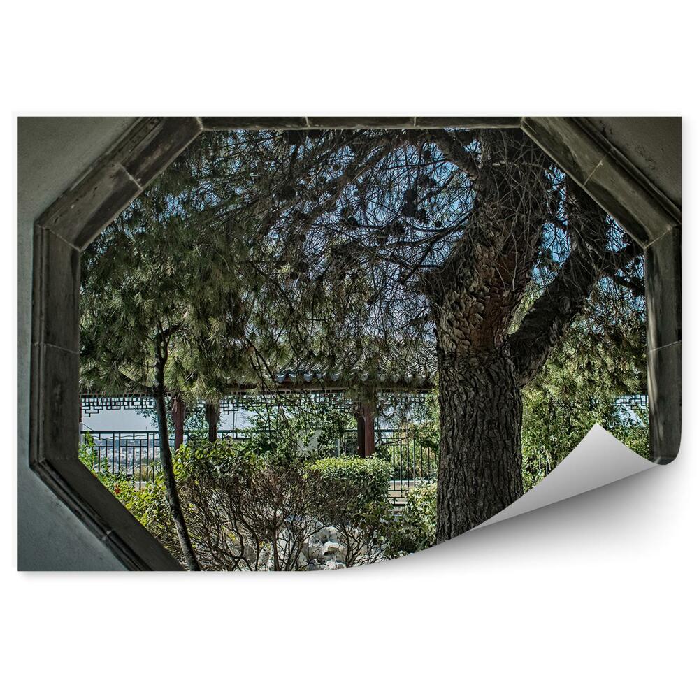 Fototapeta na ścianę Szara betonowa ściana okno z widokiem na park