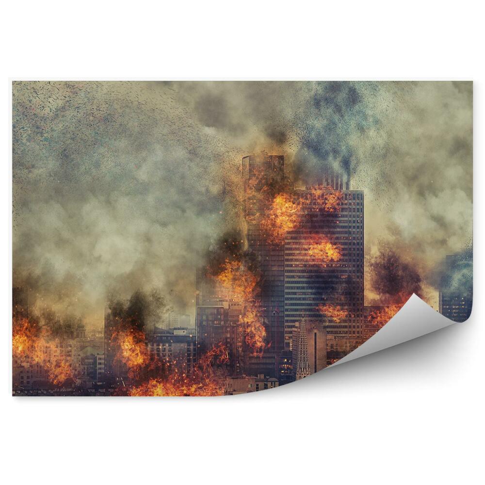 Fototapeta Apokalipsa spalone miasto budynki niebo chmury dym