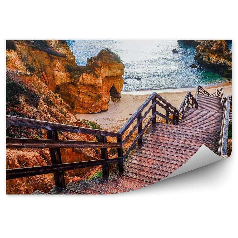 Okleina ścienna Piękny widok schody drewniane skały rośliny ocean morze plaża