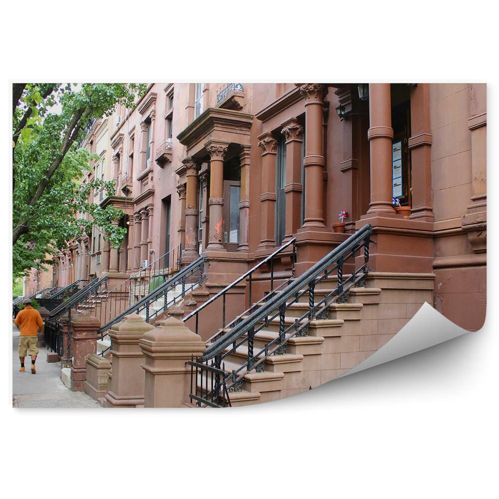 Fototapeta budynki Harlem Nowy Jork drzewa ludzie samochody schody