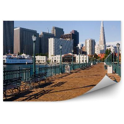 Okleina ścienna Wieżowce prom most ławki lampy ocean niebo