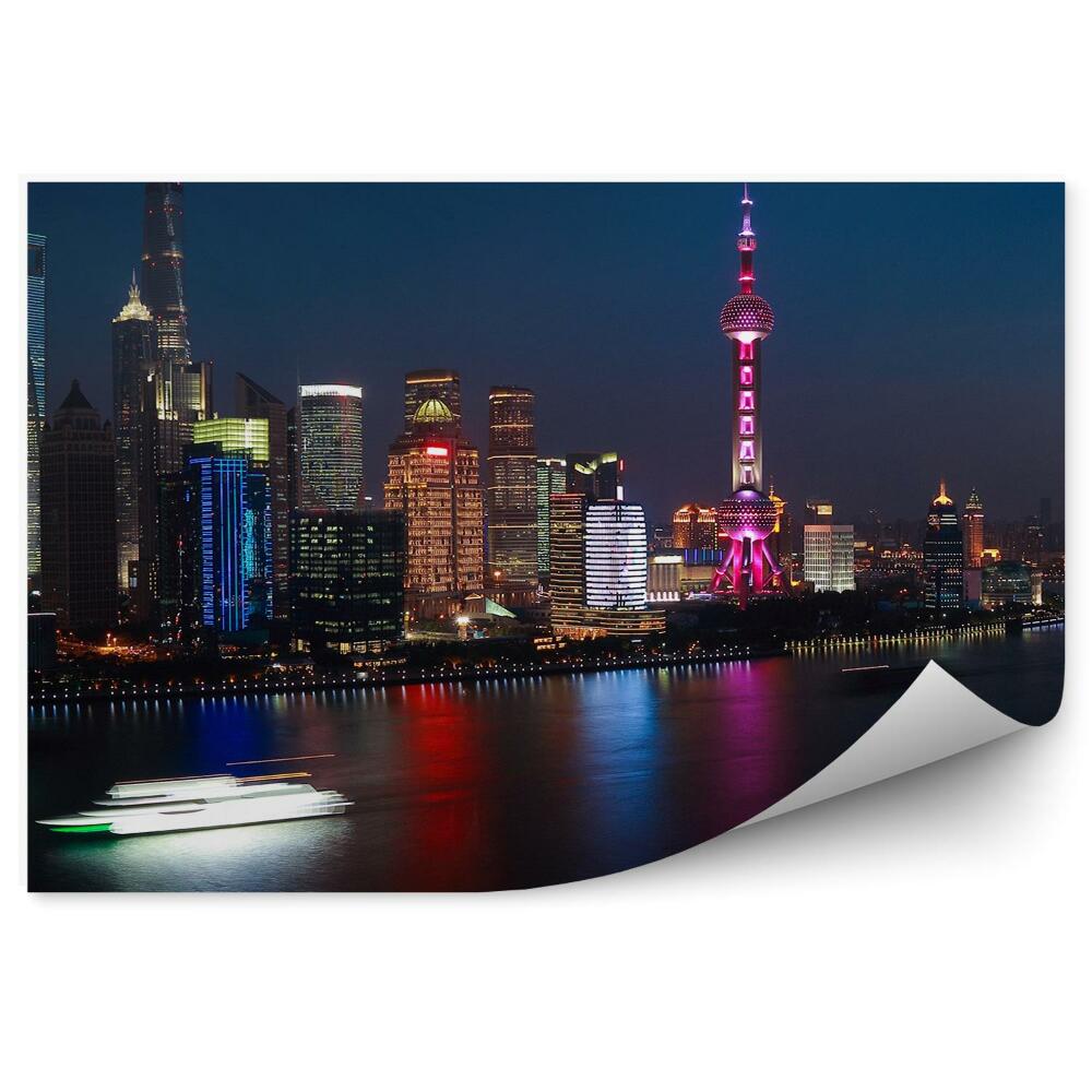 Okleina na ścianę Nocna panorama miasta szanghaj rzeka