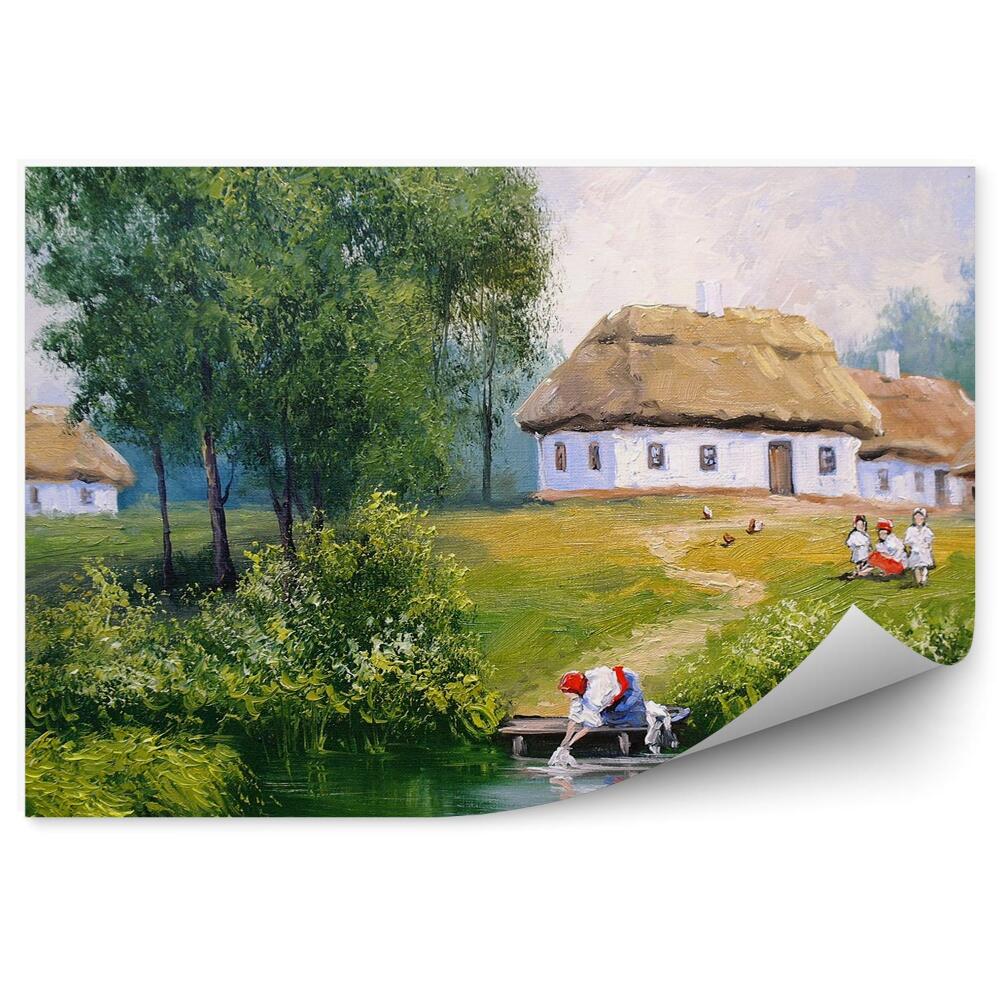 Okleina na ścianę wiejska chatka ludzie rzeczka mostek drzewa trawa obraz