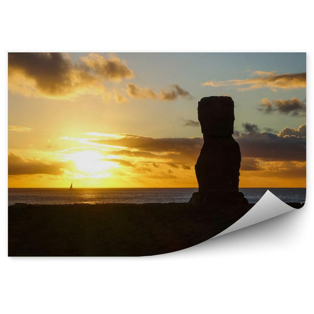 Fototapeta Zachód słońca ocean łodzie moai posąg wyspa wielkanocna