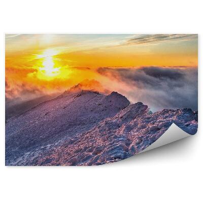 Okleina na ścianę Wzgórza szczyty zimą śnieg mgła blask słońca