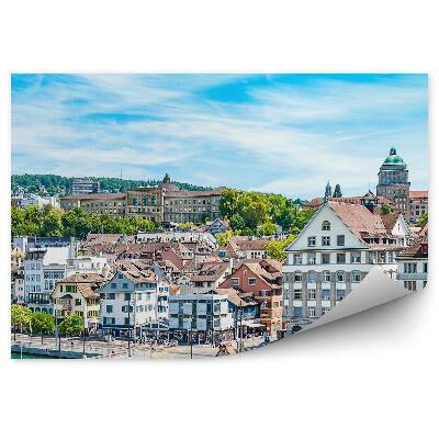 Fototapeta Budynki most rzeka kościół niebo chmury zürich