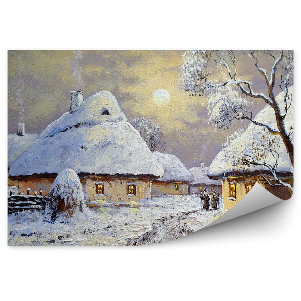 Okleina na ścianę wiejskie chatki ludzie zima śnieg malarstwo