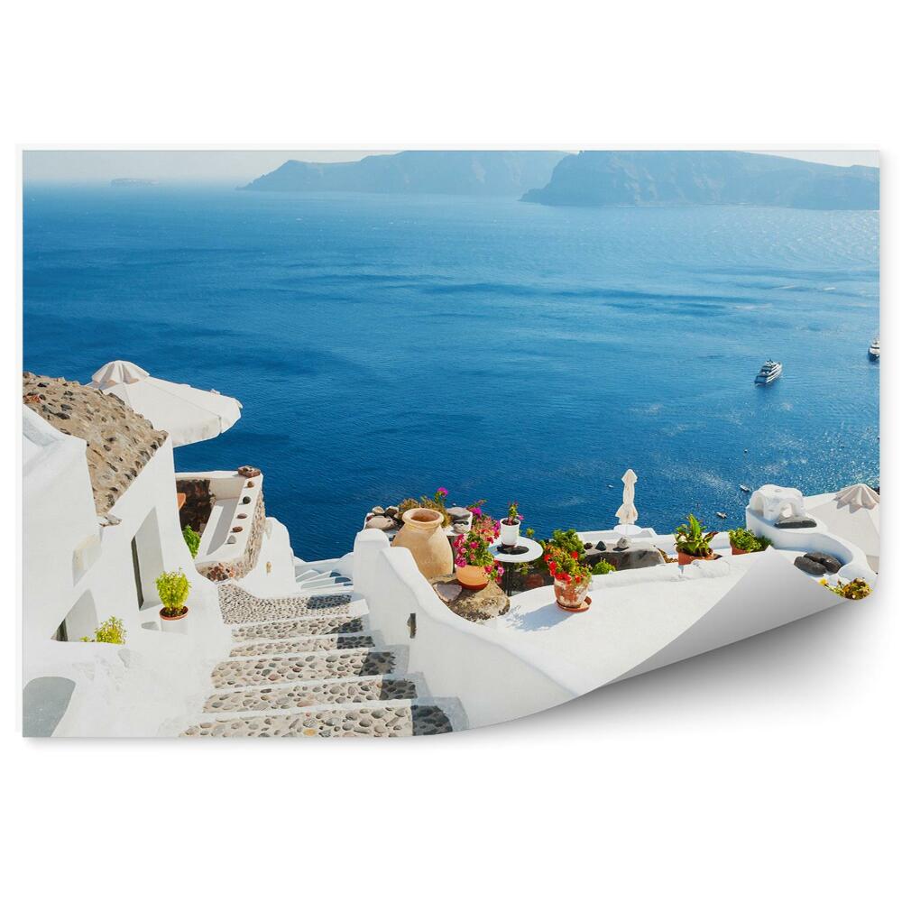 Fototapeta biały architektura schody wyspa jachty kwiaty Santorini Grecja