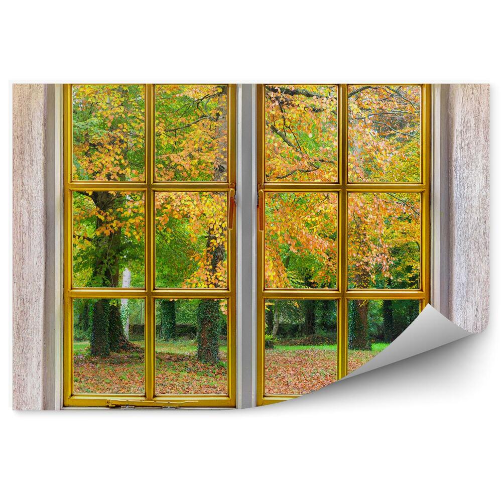 Fototapeta Jesienny las za oknem opadające liście