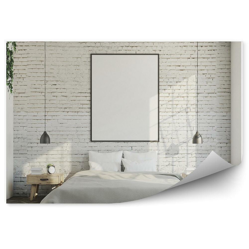 Fototapeta samoprzylepna Sypialnia z białą ceglaną ścianą