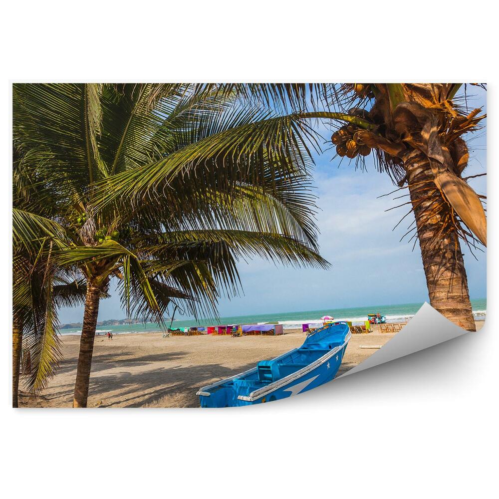 Fototapeta na ścianę Palmy kokosowe plaża łódka turyści