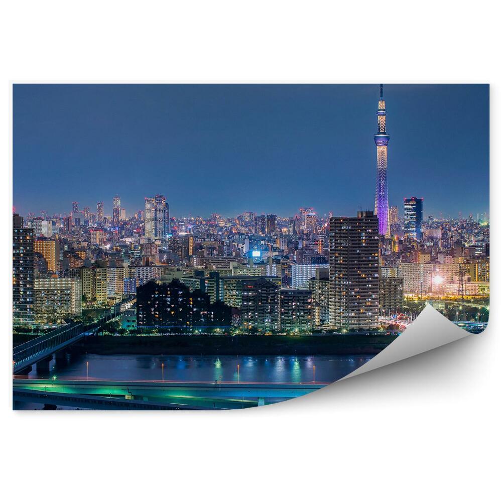 Okleina na ścianę Nocna panorama oświetlonego miasta japonia