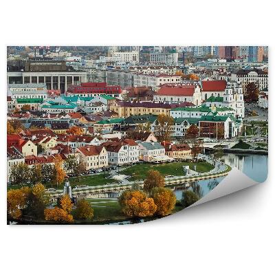 Fototapeta Panorama miasta mińsk budynki drzewa mosty samochody zachód słońca