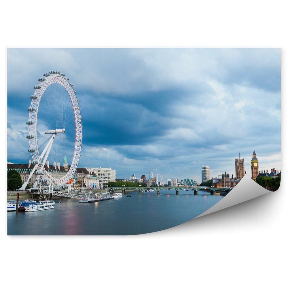Fototapeta tamiza łódki Big Ben most koło obserwacyjne chmury drzewa Londyn