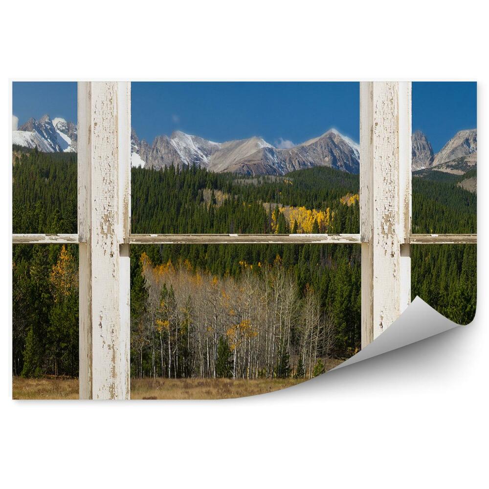 Fototapeta na ścianę Góry szczyty las choinki drewniane okno