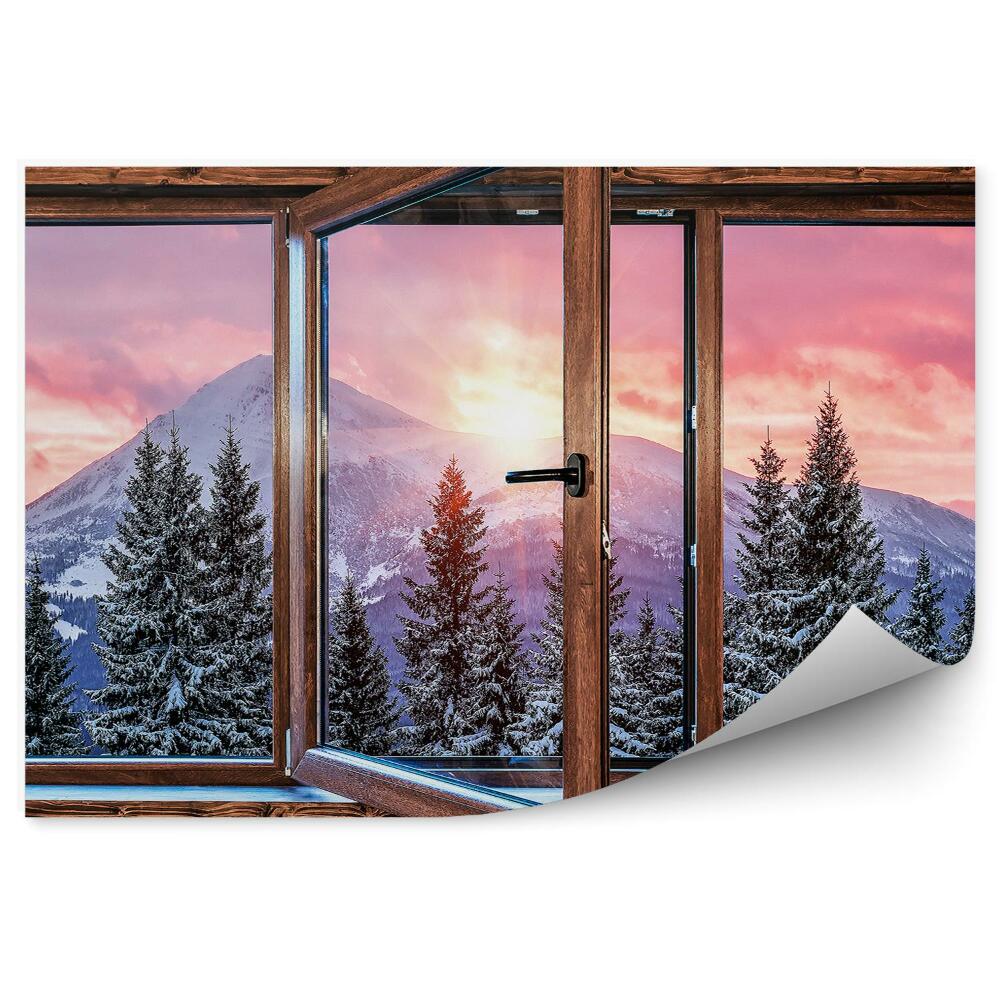 Fototapeta Zima śnieg drewniane okno w chacie z widokiem na choinki
