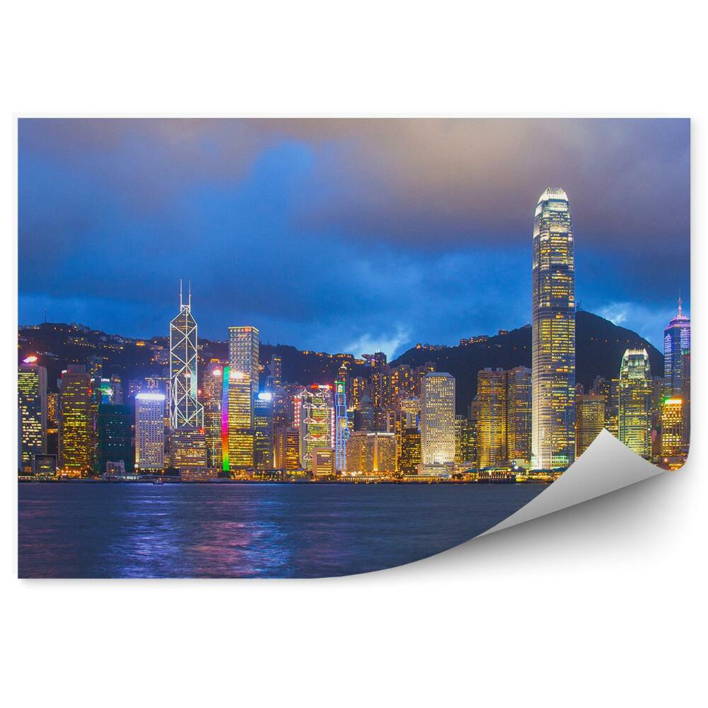 Fototapeta Panoramiczny widok wieżowce światła ocean góry światła niebo chmury hongkong chiny