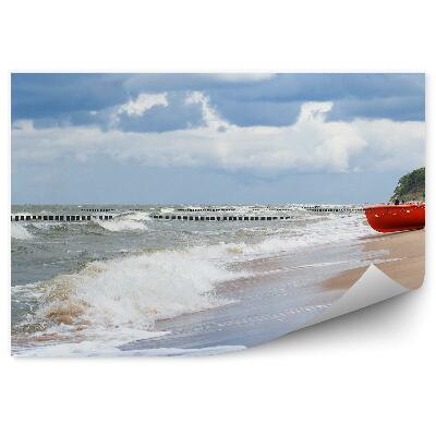 Okleina na ścianę Morze fale pochmurne niebo piasek łódka