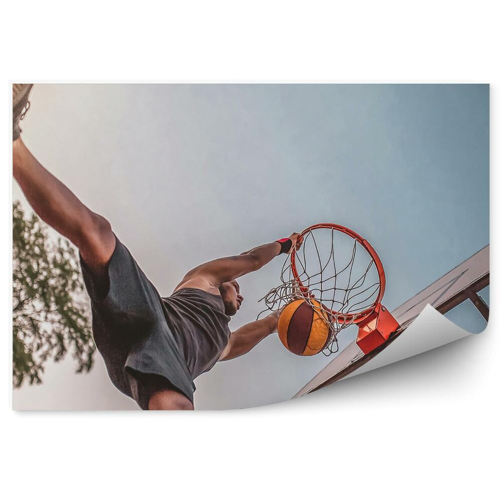 Fototapeta samoprzylepna Koszykarz piłka do koszykówki kosz drzewa budynki ławka