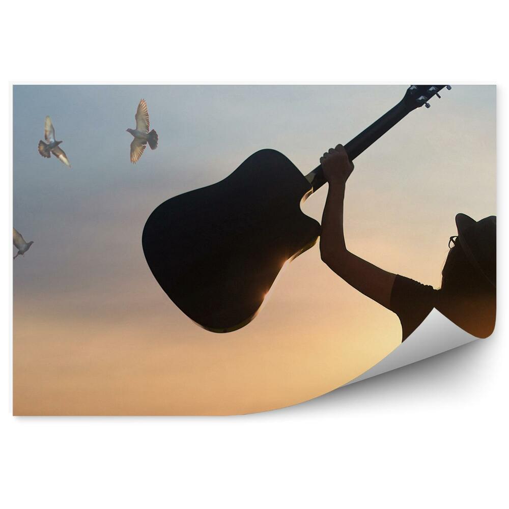 Fototapeta Muzyk gitara kapelusz ptaki niebo