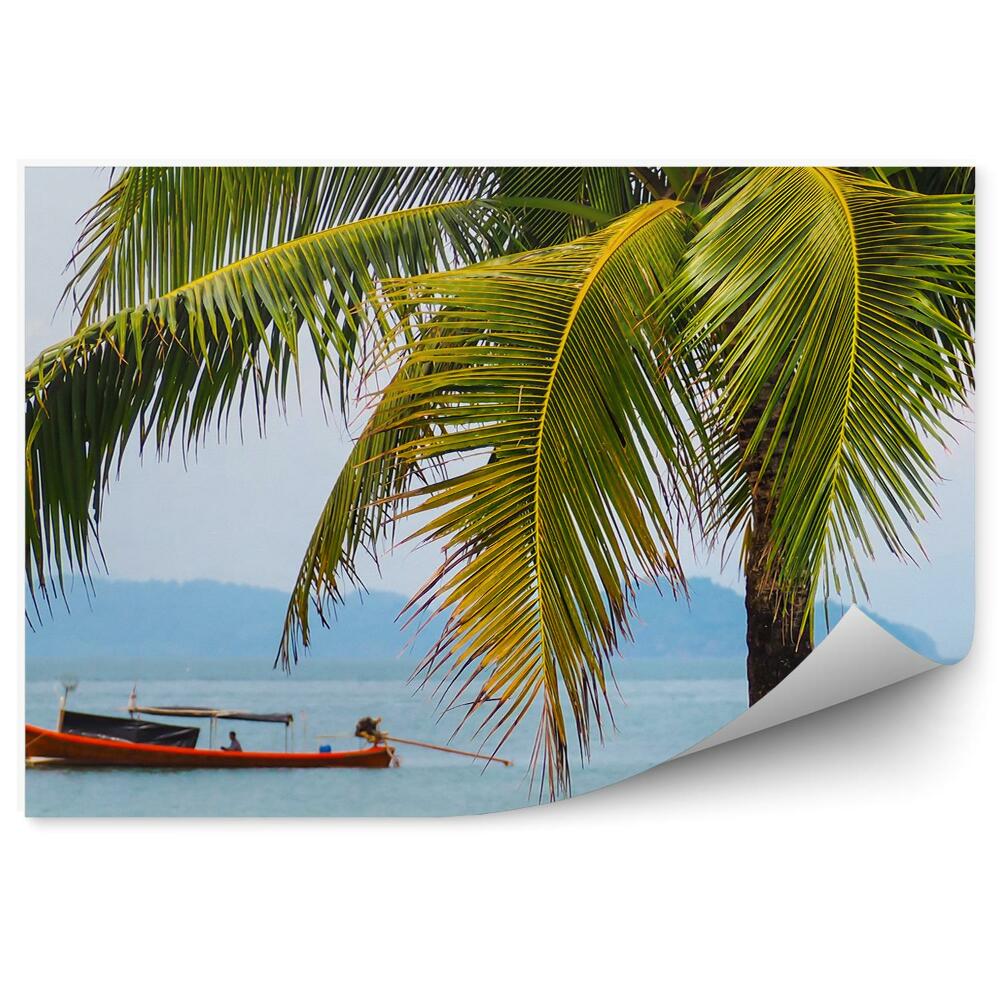 Okleina na ścianę Zielona palma wyspy tropikalne łódź woda
