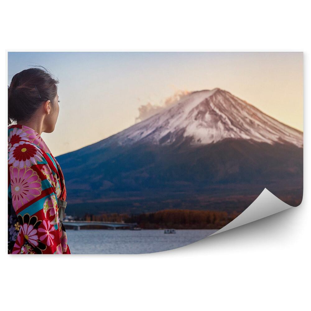 Fototapeta Kobieta ubrana w kimono góra fuji woda