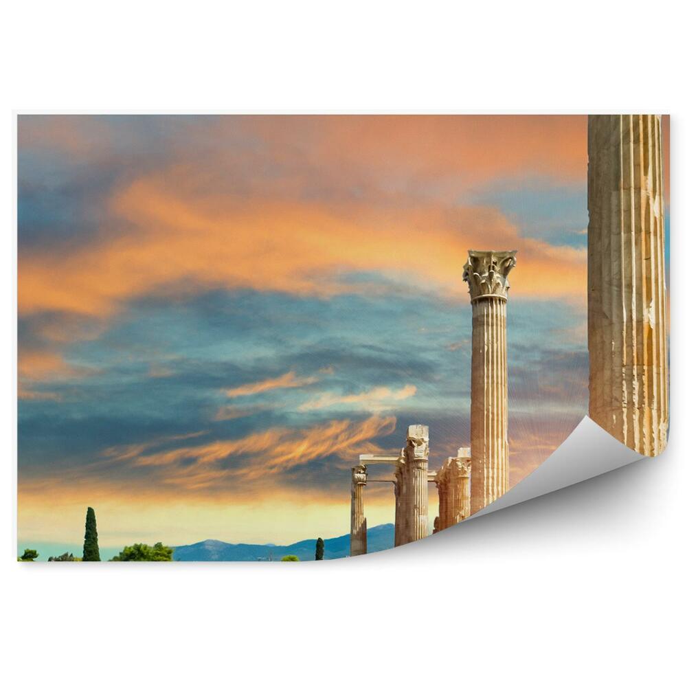 Okleina na ścianę kolumny ruiny drzewa góry zachód słońca Ateny Grecja
