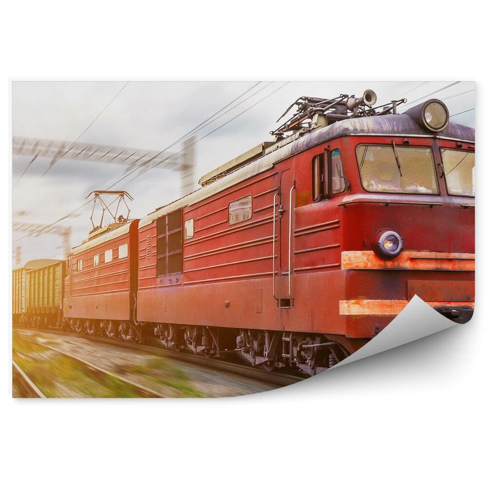 Fototapeta na ścianę Czerwona lokomotywa i pociąg towarowy