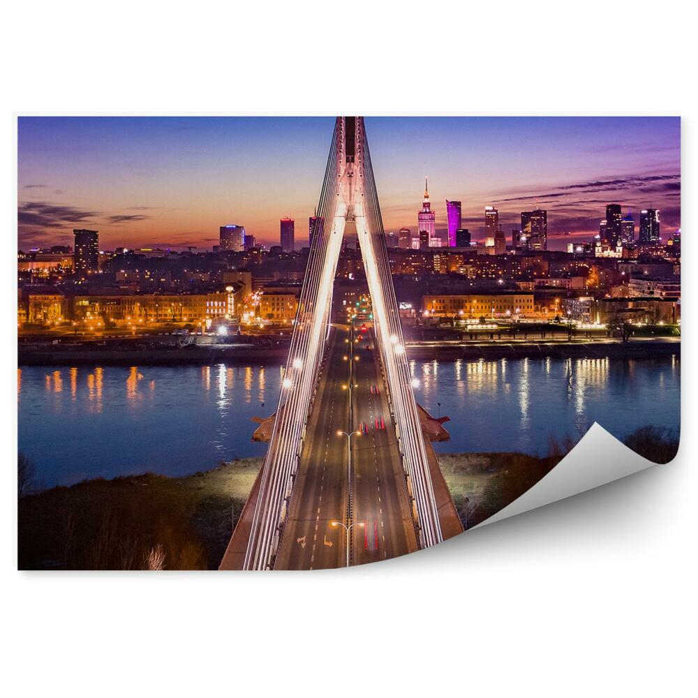 Okleina na ścianę panorama Warszawy noc światła most rzeka drzewa