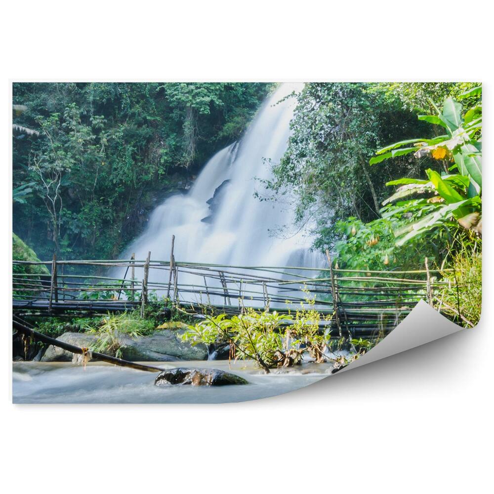 Okleina ścienna Wodospad woda most drewniany przyroda natura