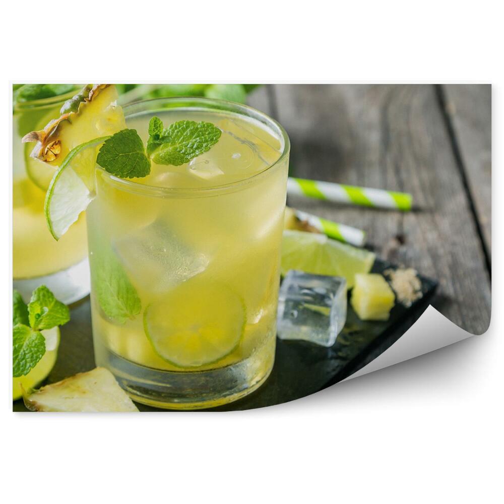 Okleina na ścianę Ananas drink napój limonka mięta lód słomki